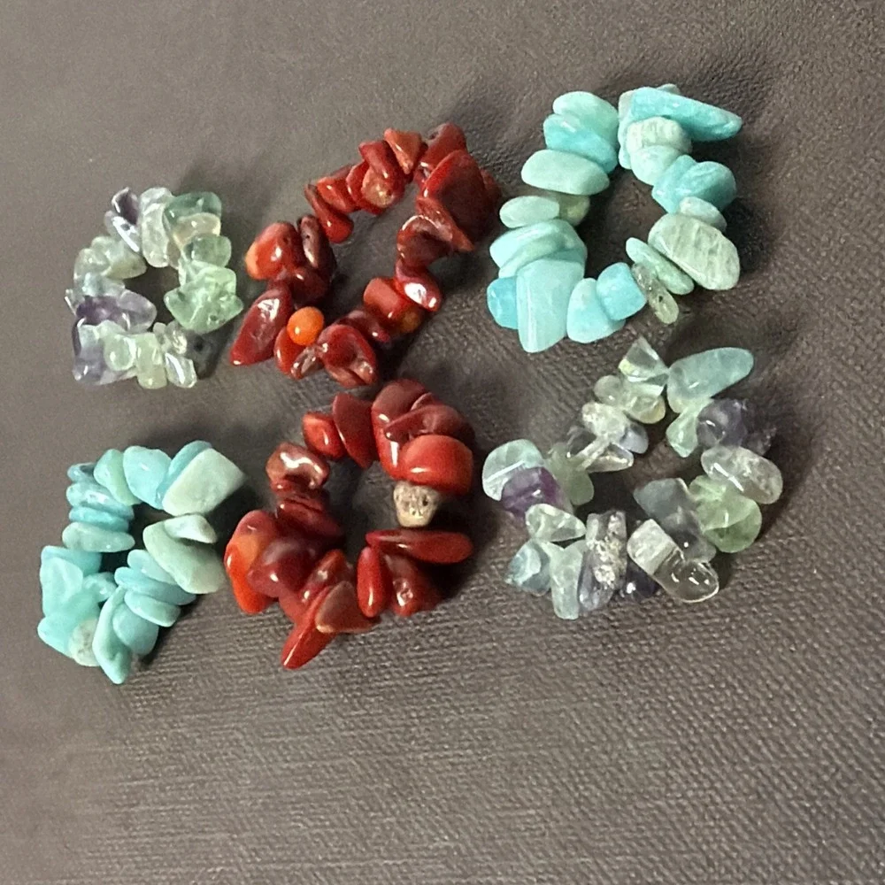 Handmade Red Coral Flourite Amazonite Chip Beaded Rings (6) Artisan Jewelry